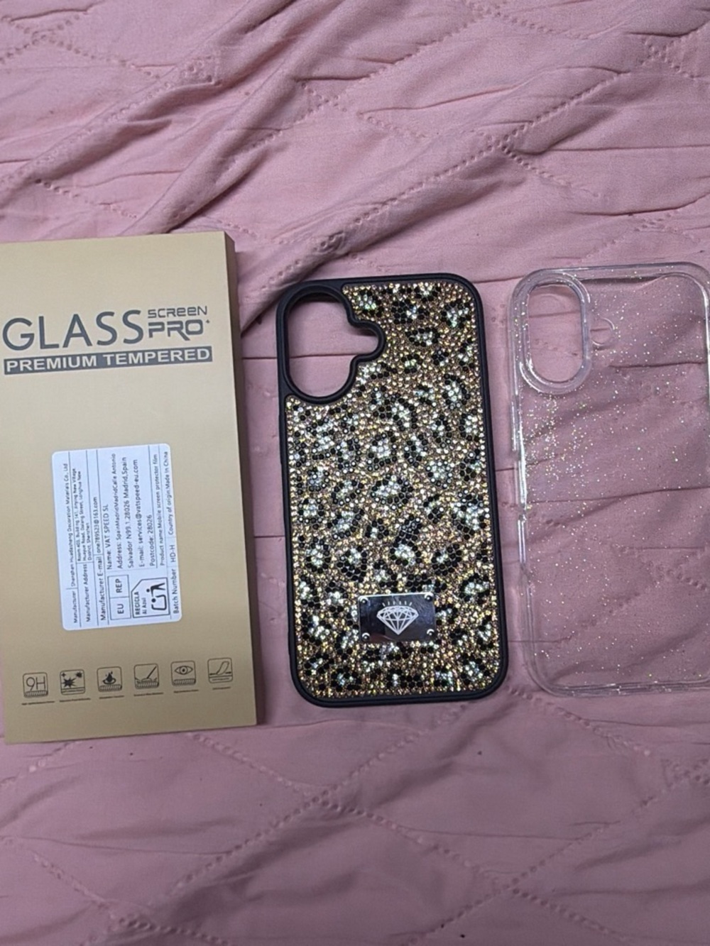 SHEIN Leopard Rhinestone Glitter Phone Case in Pink and Gold